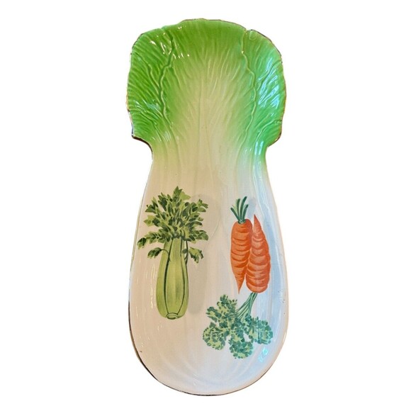 Unique Farmhouse Kitchen Style Vintage Celery Shaped Ceramic Spoon Rest / Tray - Picture 2 of 13